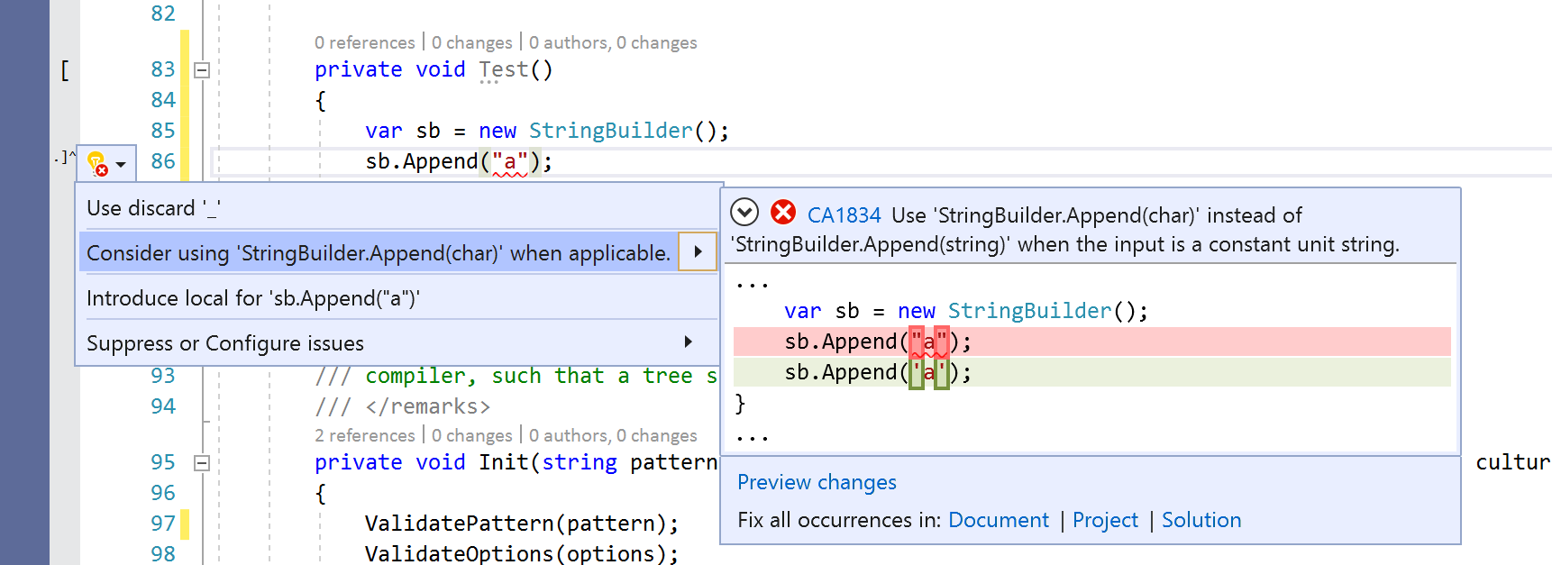 CA1834 的代码修补程序 - 对单字符字符串使用 StringBuilder.Append(char)