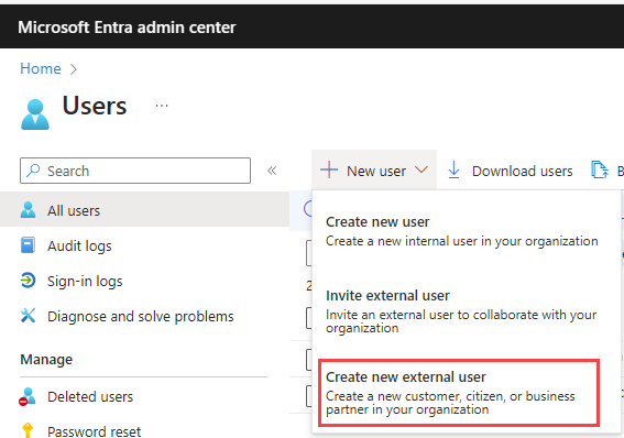 Microsoft Entra ID 中新建外部用户菜单的屏幕截图。