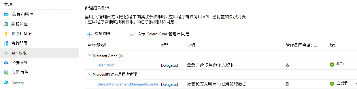 在应用注册中查看应用权限。