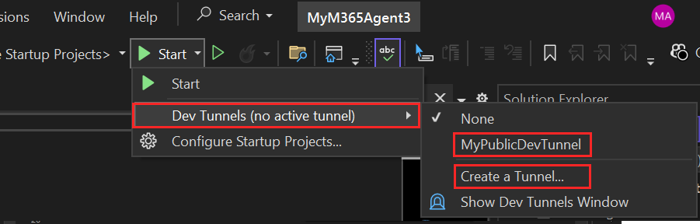 屏幕截图显示了 Visual Studio 中的“创建隧道”选项。