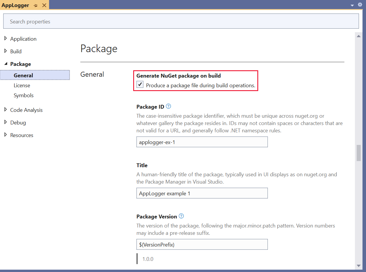 显示包属性的屏幕截图，其中勾选了“在生成时生成 NuGet 包”。
