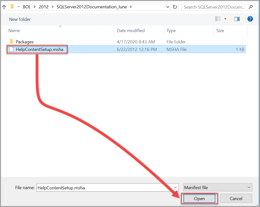 打开 SQL Server 2012 帮助内容安装程序.msha 文件