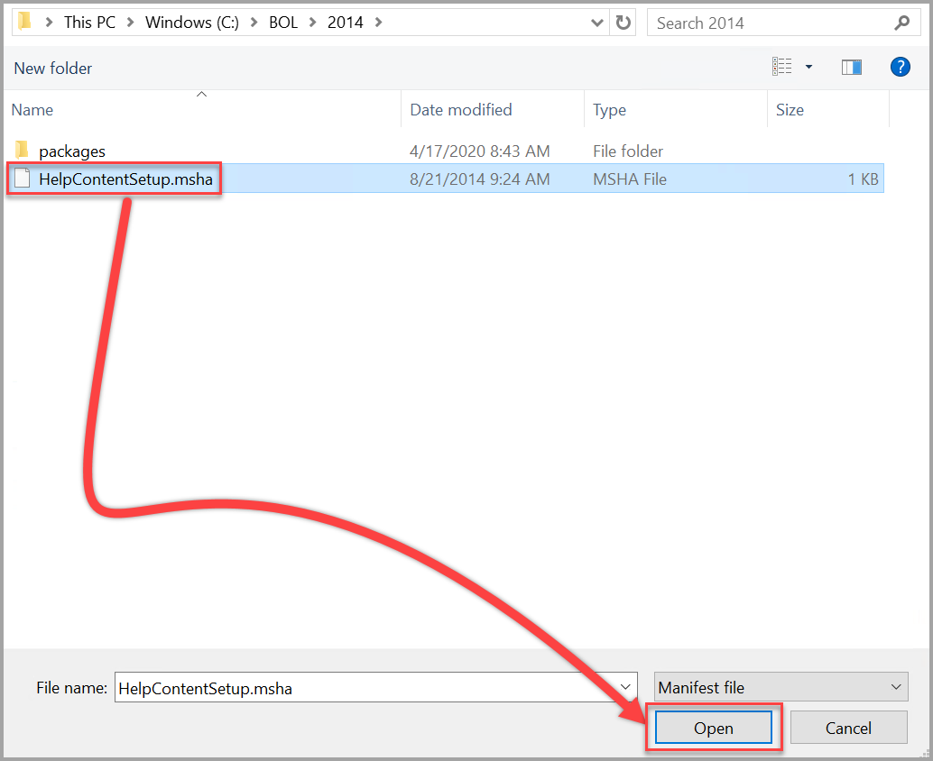 打开 SQL Server 2014 帮助内容安装程序.msha 文件
