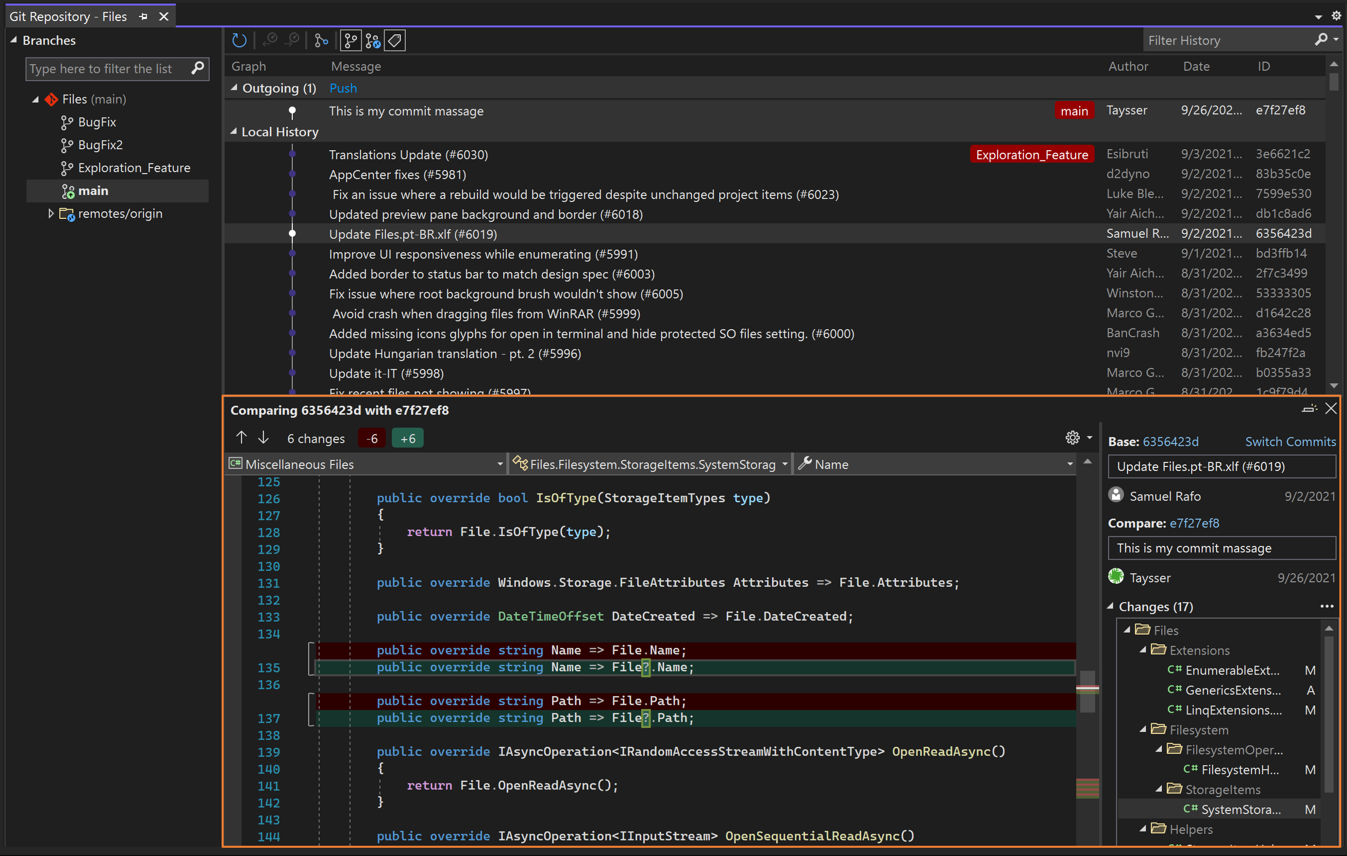 Screenshot of compared commits.