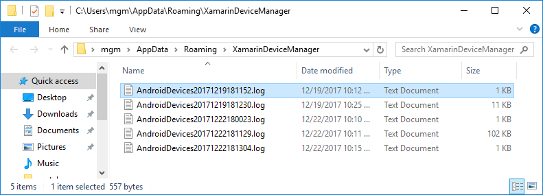 Android Device Manager log file ___location