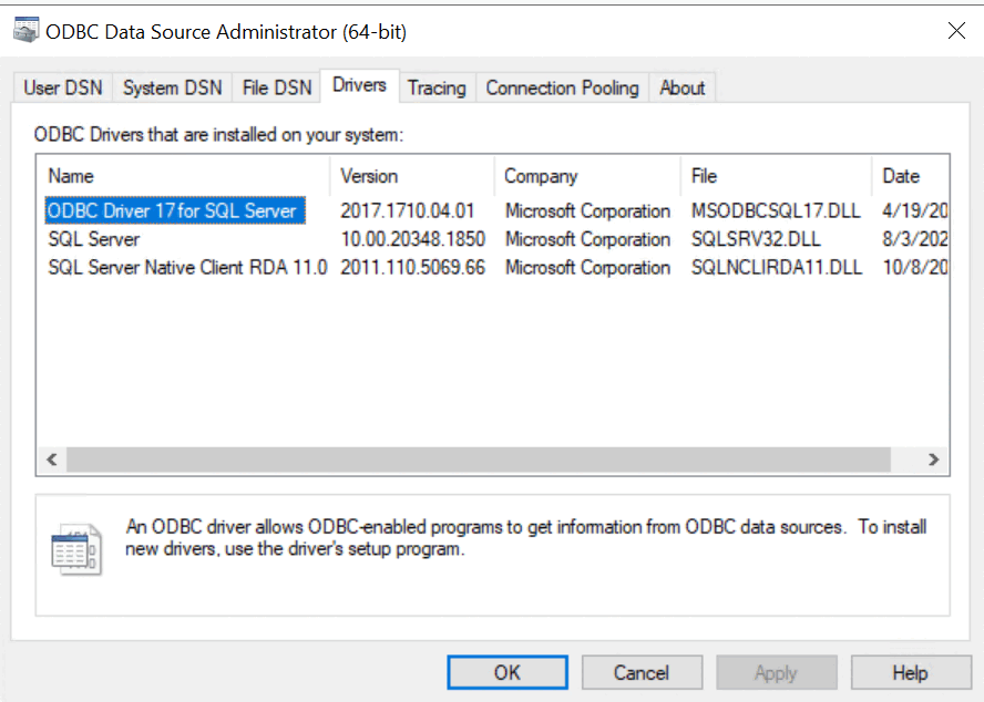 可用的 ODBC 数据源管理员驱动程序的屏幕截图。