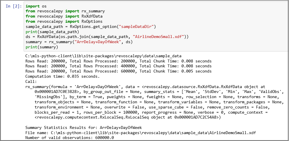显示 revoscalepy 输入和输出的 Jupyter Notebook 的屏幕截图。