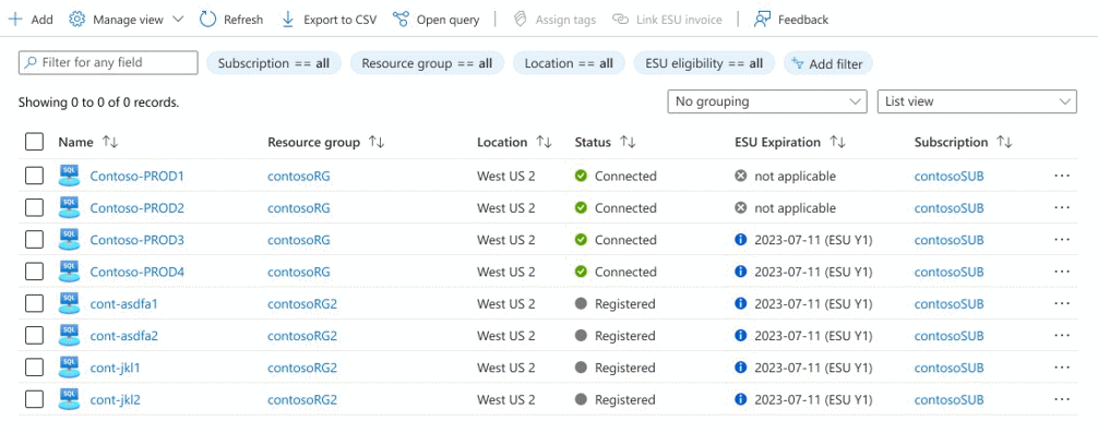 具有有效 ESU 到期值的 SQL Server 实例的屏幕截图。