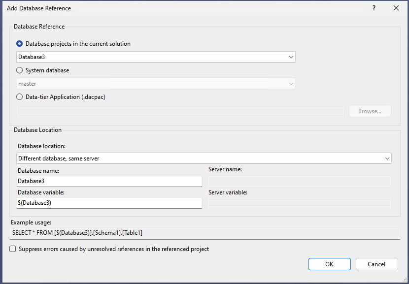 Visual Studio 中“数据库引用”对话框的屏幕截图。