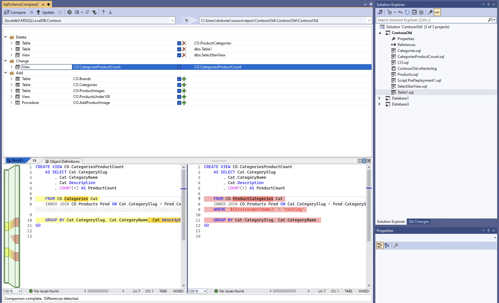 Visual Studio 中架构比较界面的屏幕截图，其中比较了数据库与项目。