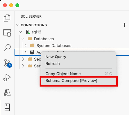 Visual Studio Code 对象资源管理器中架构比较菜单项的屏幕截图。