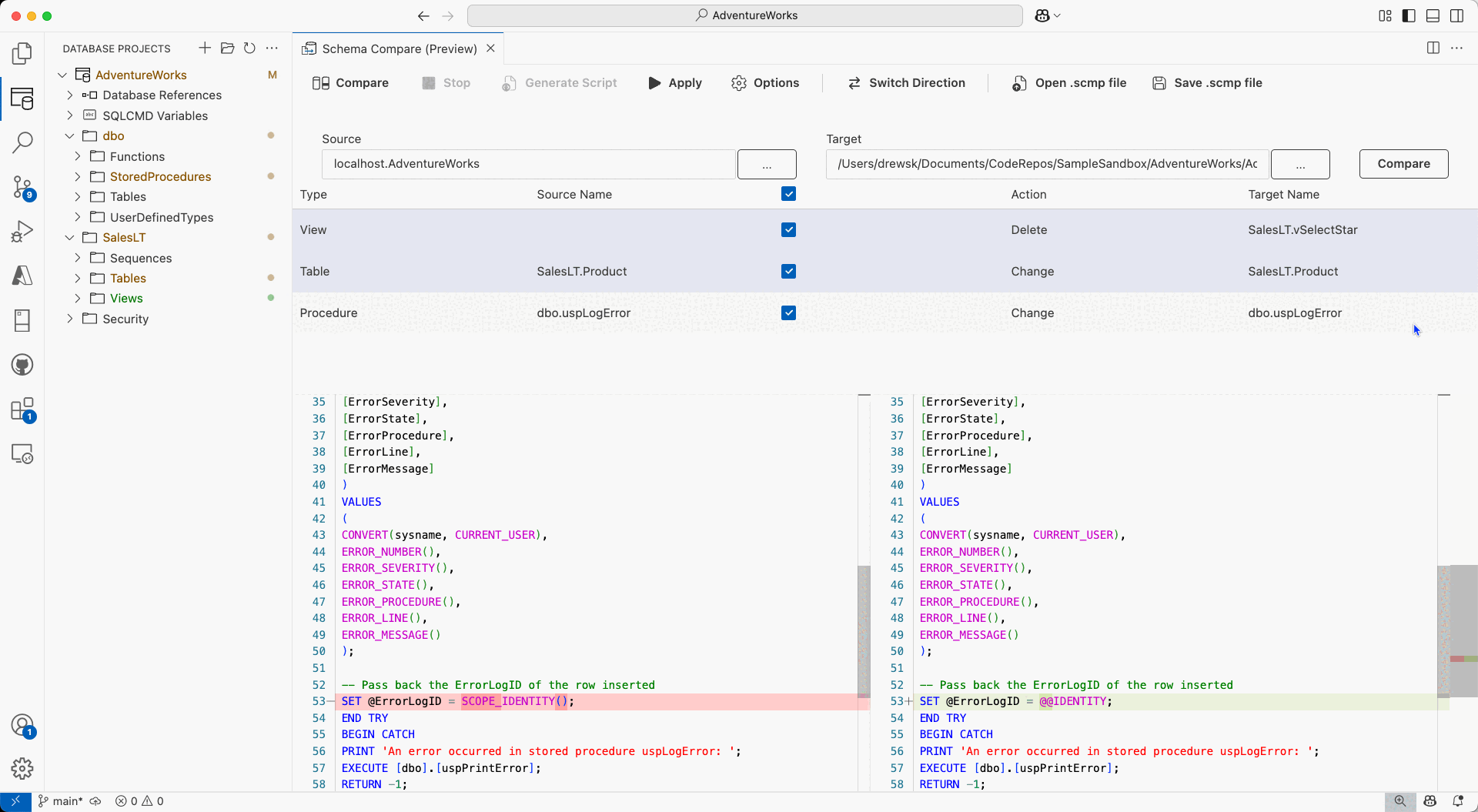 Azure Data Studio 中架构比较界面的屏幕截图，其中比较了数据库与项目。