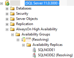 SQL Server Management Studio 中可用性副本的屏幕截图。