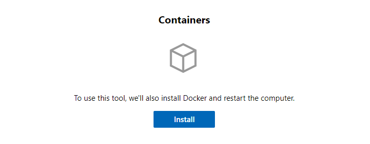 Windows Admin Center 的屏幕截图。“容器扩展”页显示“安装”按钮和有关安装 Docker 的消息。
