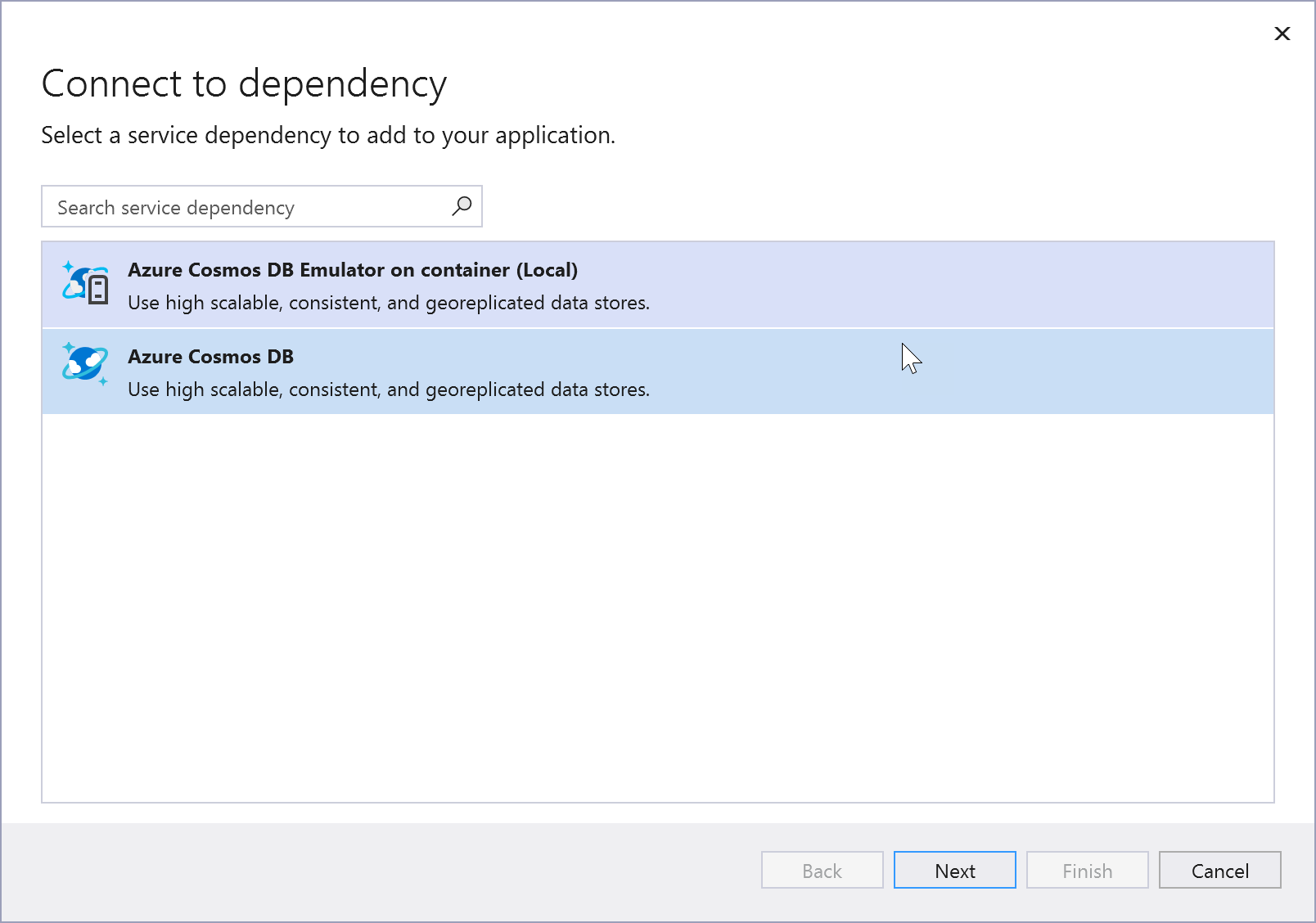 显示 Azure Cosmos DB 选项的屏幕截图。