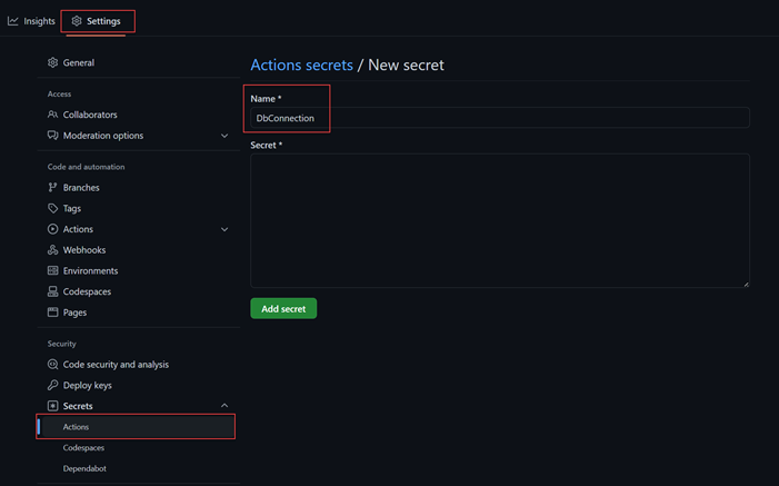显示如何创建 GitHub 机密的屏幕截图。