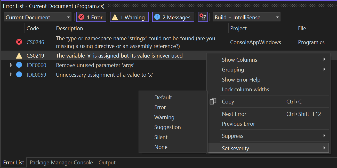 显示如何在 Visual Studio 的“错误列表”窗口中配置规则严重性的屏幕截图。