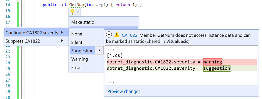 显示从 Visual Studio 2019 菜单中选择的规则严重性的屏幕截图。