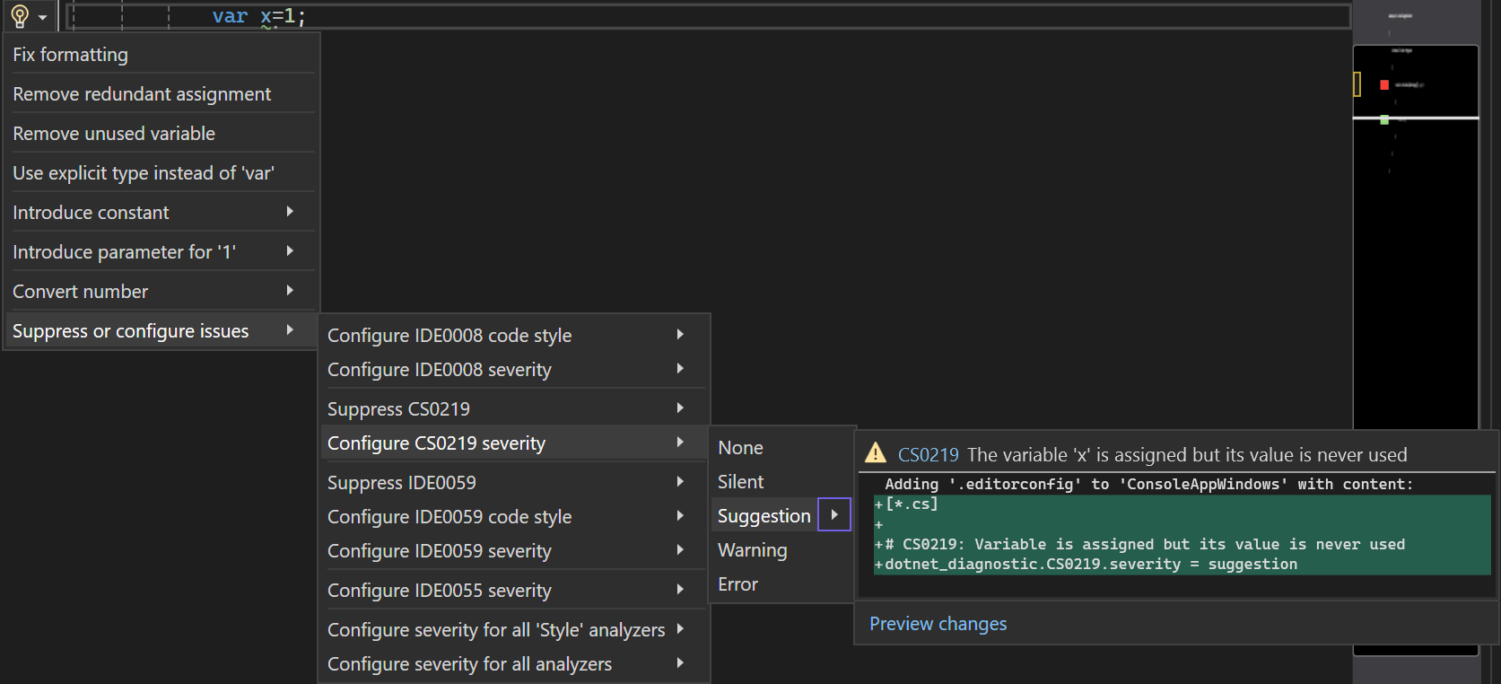从 Visual Studio 2022 菜单中选择规则严重性后生成的屏幕截图。