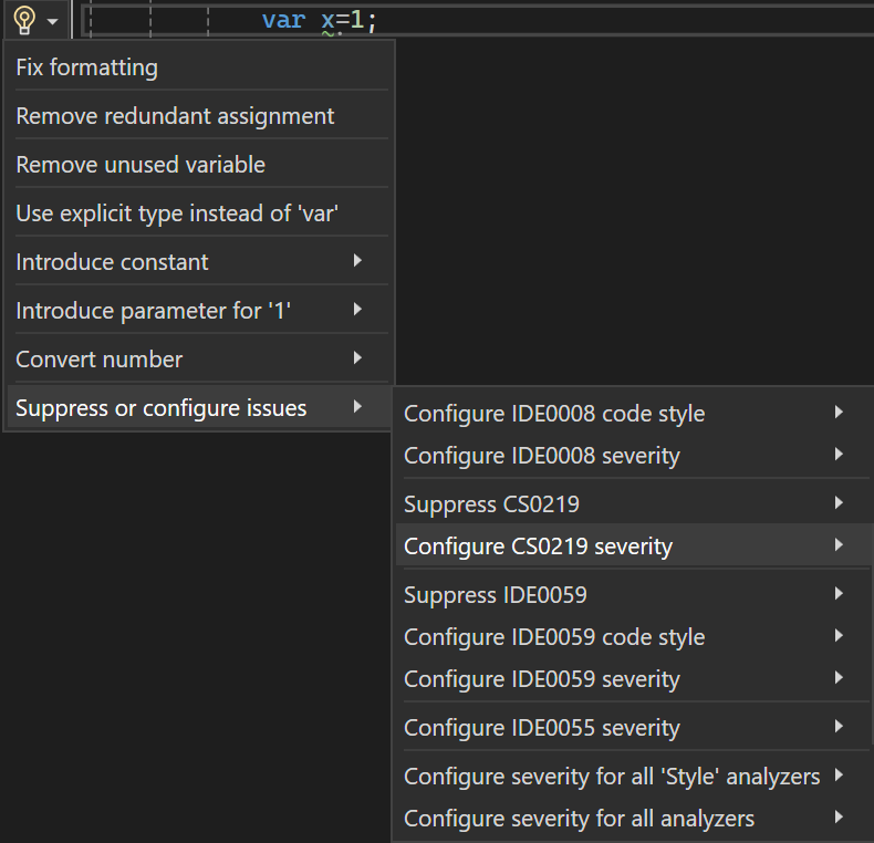 如何从 Visual Studio 2022 中的灯泡菜单中配置规则严重性的屏幕截图。