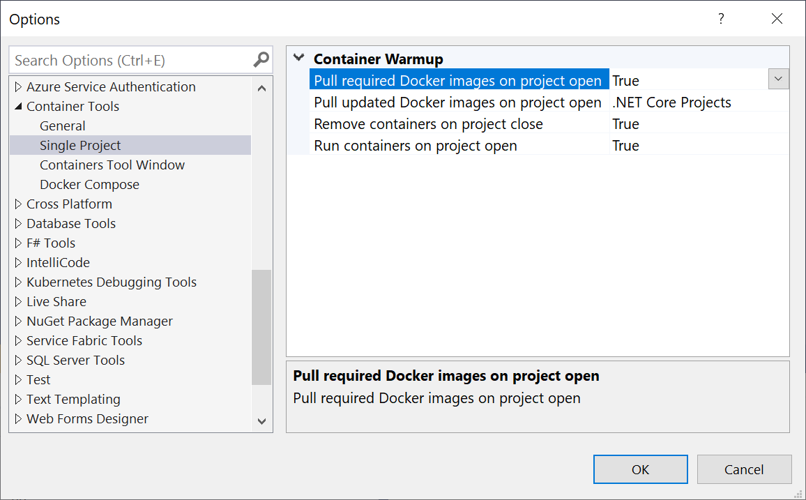 Visual Studio 2019 容器工具选项的屏幕截图。