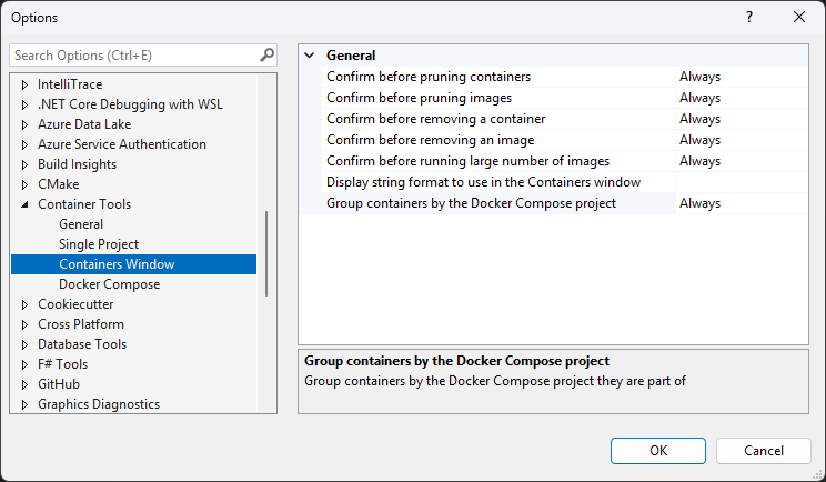 Visual Studio 容器工具选项的屏幕截图，其中显示了“容器”窗口可用的设置。