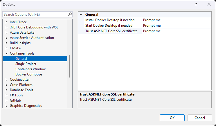 Visual Studio 容器工具选项的屏幕截图。