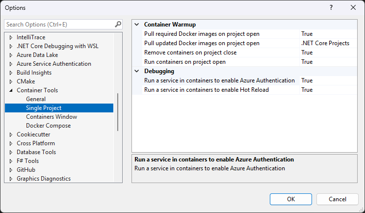 Visual Studio 2022 容器工具选项的屏幕截图。