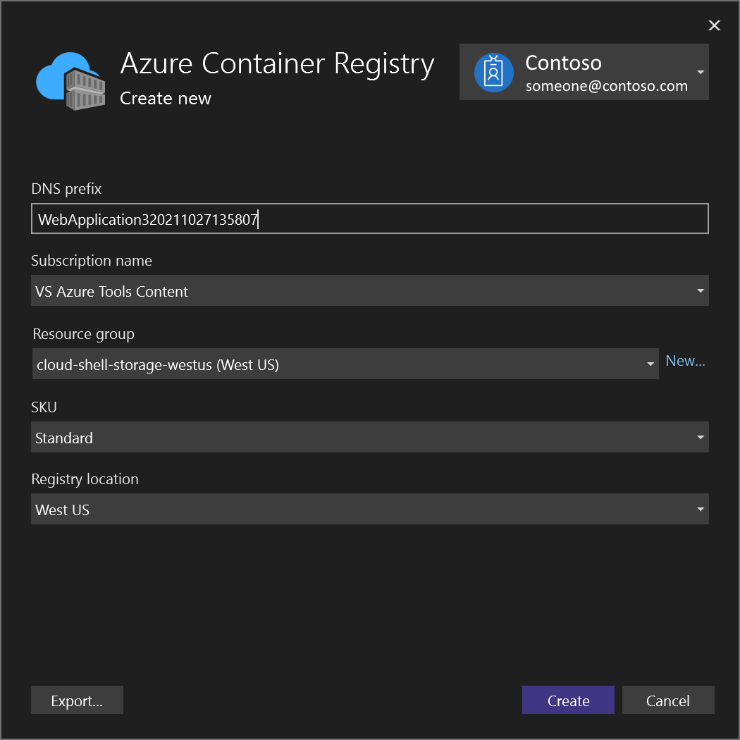 显示如何在对话框中输入值以创建新的 Azure 容器注册表的屏幕截图。