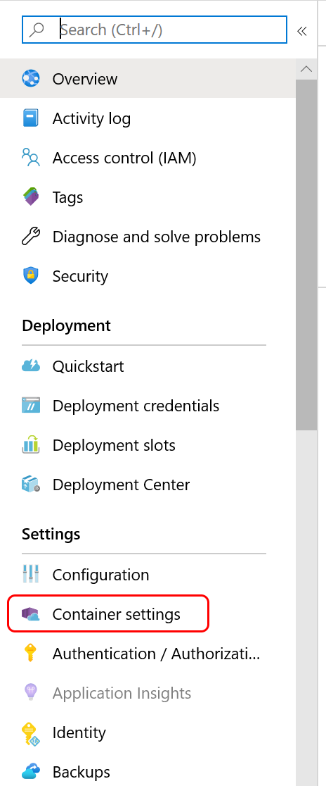 Azure 门户中“容器设置”菜单的屏幕截图。