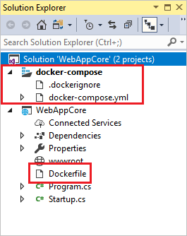 Visual Studio 解决方案资源管理器中 Docker 文件的屏幕截图。