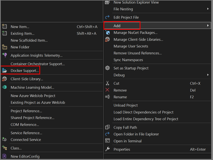 显示如何在 Visual Studio 中添加 Docker 支持菜单选项的屏幕截图。