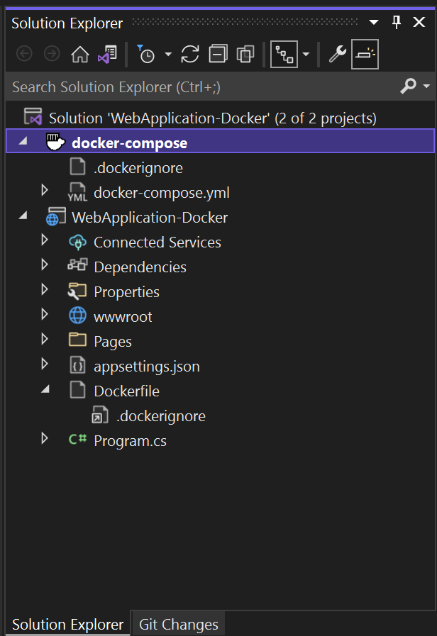 Visual Studio 解决方案资源管理器中 Docker 文件的屏幕截图。