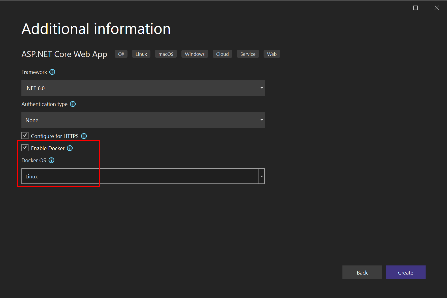 屏幕截图，显示如何在 Visual Studio 中为新的 ASP.NET Core Web 应用启用 Docker 支持。