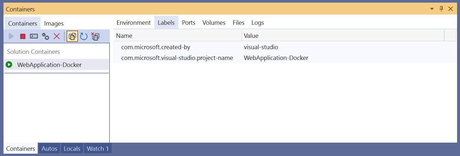 Visual Studio 中“容器”窗口的屏幕截图，其中显示了“标签”选项卡。