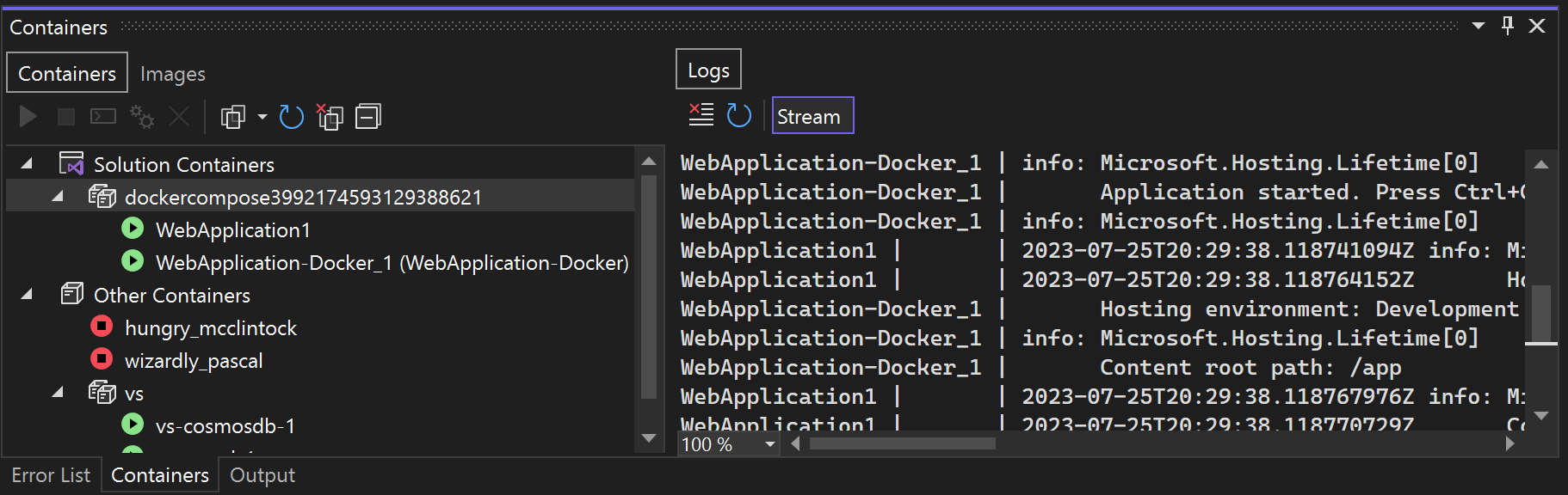 显示“容器”窗口中 Docker Compose 节点的屏幕截图。