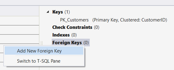 Visual Studio 中的表设计器中添加外键