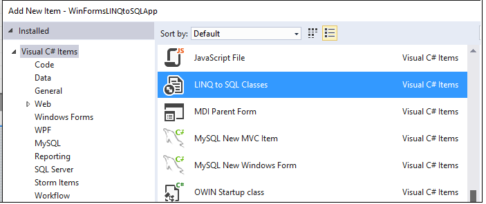 显示 LINQ to SQL 类的屏幕截图。