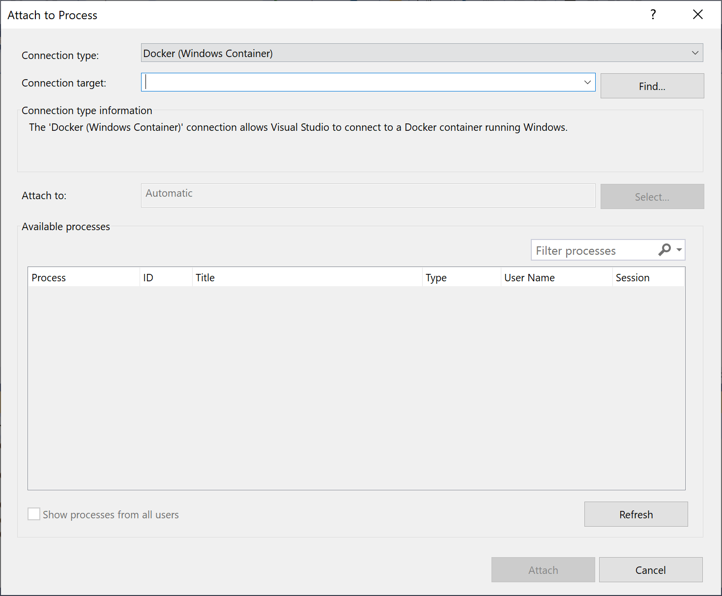 Visual Studio 中“附加到进程”对话框的屏幕截图，其中显示了 Docker（Windows 容器）的连接类型。