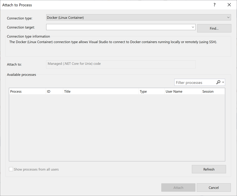 Visual Studio 中“附加到进程”对话框的屏幕截图，其中显示了 Docker（Linux 容器）的连接类型。