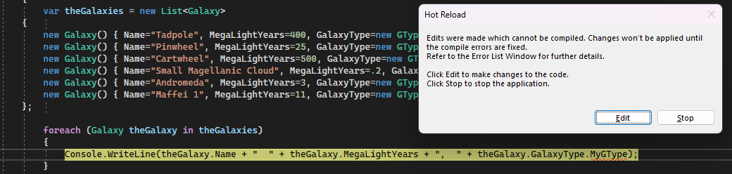 Visual Studio 调试器的屏幕截图，其中一行代码突出显示为红色，并显示一个消息框，其中选择了“编辑”选项。