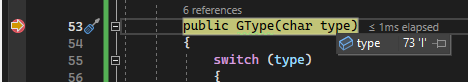 Visual Studio 调试器的屏幕截图，其中有一行代码为黄色，窗口中变量的值为 73 I。