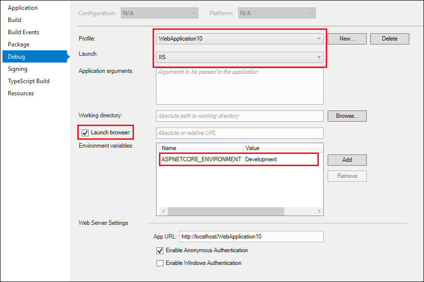 ASP.NET 核心调试器设置