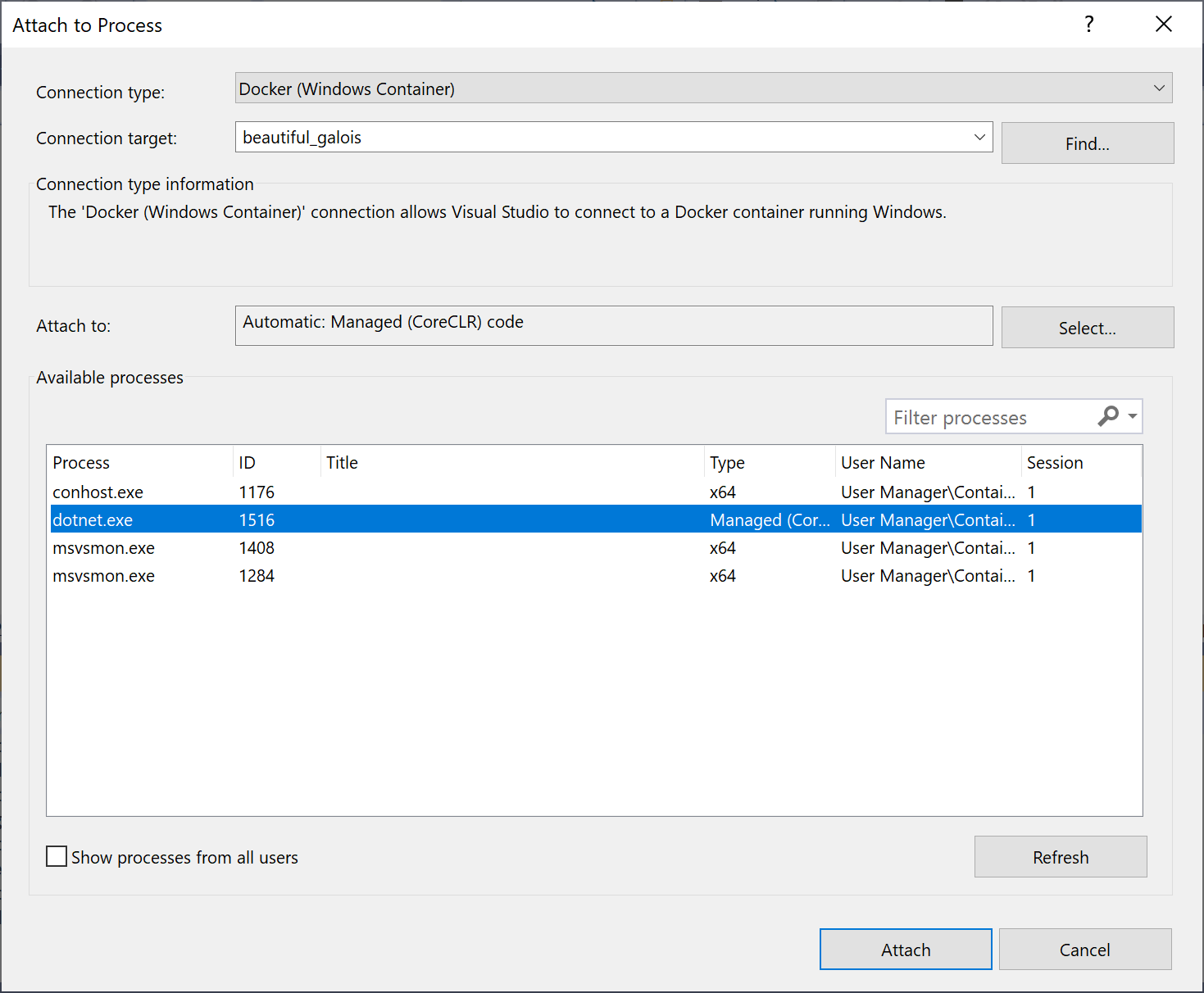 Visual Studio 中“附加到进程”对话框的屏幕截图。连接类型设置为 Docker（Windows 容器），并且已选择 dotnet.exe 进程。