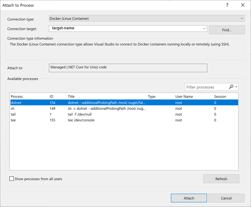 Visual Studio 中“附加到进程”对话框的屏幕截图。连接类型设置为 Docker（Linux 容器），并且选择了 dotnet 进程。