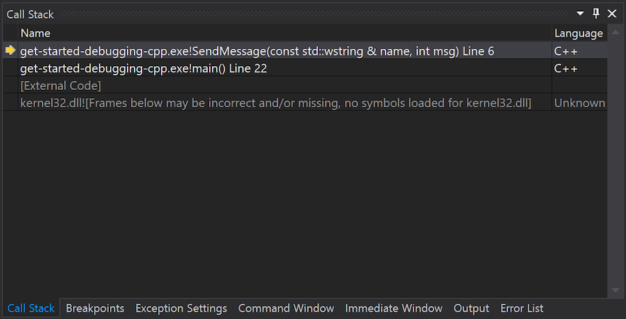 显示如何在 Visual Studio 中检查调用堆栈的屏幕截图。
