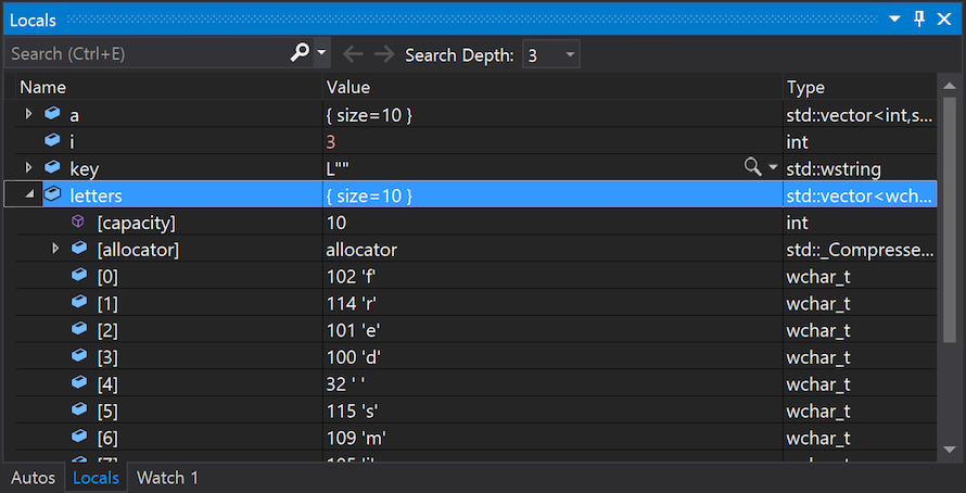 显示如何在 Visual Studio 的“局部变量”窗口中检查变量和值的屏幕截图。