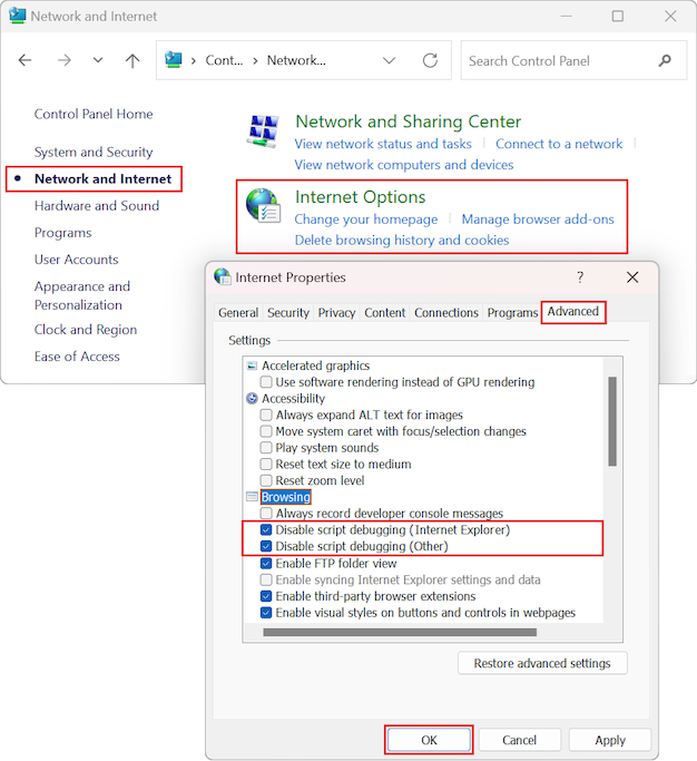 显示如何为 Windows 控制面板中的 Internet 属性选择“禁用脚本调试”选项的屏幕截图。