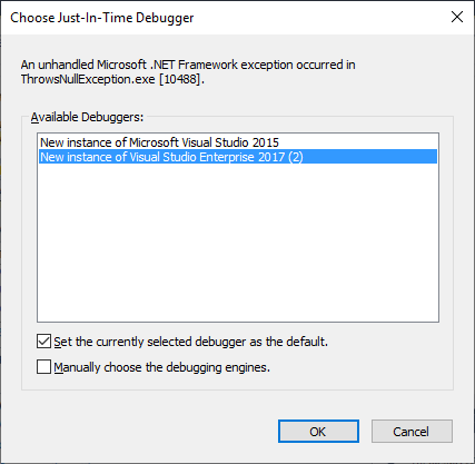 “选择实时调试器”对话框的屏幕截图，该对话框在 ThrowsNullException.exe 控制台窗口中出现异常之后显示。