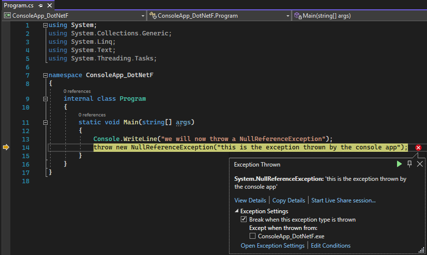 Visual Studio 中 ThrowsNullException 项目的屏幕截图，其中突出显示了引发异常的源代码行。